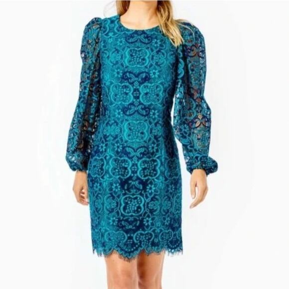 Lilly Pulitzer Georgi Lace Puff Sleeve Dress 4 Valencia Teal Blue Mini Sheath - Picture 12 of 12